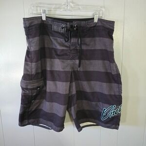 O'Neill Board Shorts Mens 34 L Charcoal Black Striped Good Cargo Swim Trunks‎